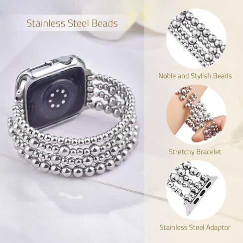 Beaded Bracelet & Bling Case Compatible With Apple Watch Band 40mm 44mm 45mm 41mm 38mm 42mm Women, Dressy Fancy Cute Stretchy Elastic Metal Beads iPhone Strap For iwatch Series 9 8 7 6 5 4 3 2 1 Se in Saudi Arabia