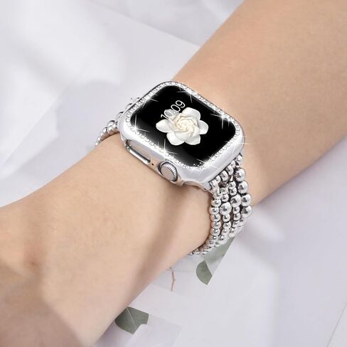 Beaded Bracelet & Bling Case Compatible With Apple Watch Band 40mm 44mm 45mm 41mm 38mm 42mm Women, Dressy Fancy Cute Stretchy Elastic Metal Beads iPhone Strap For iwatch Series 9 8 7 6 5 4 3 2 1 Se in Saudi Arabia