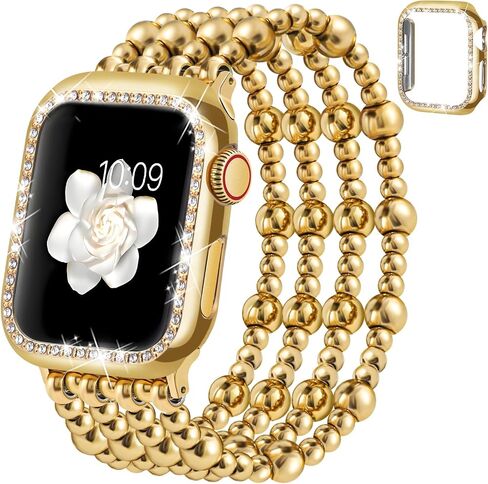 Beaded Bracelet & Bling Case Compatible With Apple Watch Band 40mm 44mm 45mm 41mm 38mm 42mm Women, Dressy Fancy Cute Stretchy Elastic Metal Beads iPhone Strap For iwatch Series 9 8 7 6 5 4 3 2 1 Se in Saudi Arabia