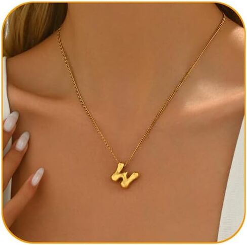 Ladies' Golden Bubble Letter Necklace 18K Gold Plated Bubble Gold Necklace Fashion Gift Jewelry Bubble Necklace Exquisite Titanium Steel Gold Necklace-M in Saudi Arabia
