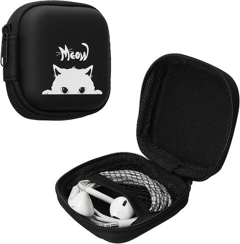 kwmobile Carrying Case for Earphones - Square Design with Zipper for in-Ear Headphones Earbuds - Grey/Black, Meow Cat in Saudi Arabia