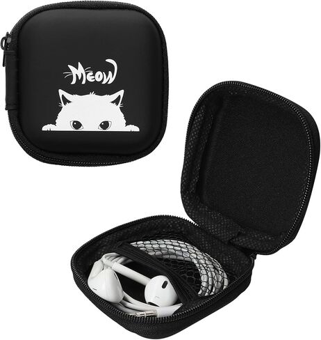 kwmobile Carrying Case for Earphones - Square Design with Zipper for in-Ear Headphones Earbuds - Grey/Black, Meow Cat in Saudi Arabia