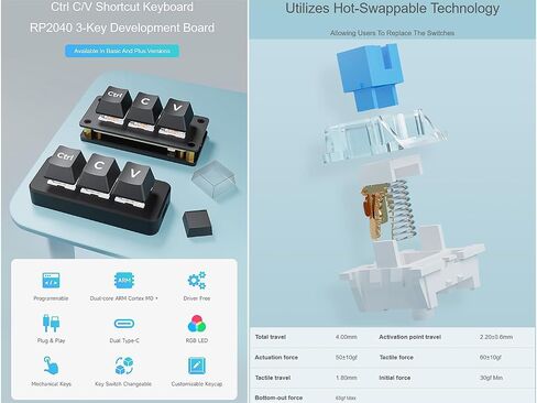 Waveshare Ctrl C/V Shortcut Keyboard 3-Key Development Board for Programmers, Using RP2040 Microcontroller Chip, Programmable Key Function, Dual Type-C Ports, Plug and Play Without Driver in Saudi Arabia