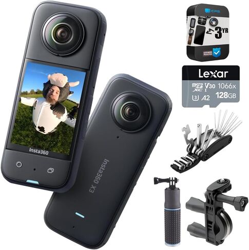 Insta360 CINSAAQ/B X3 360CAM 266832: 5.7K 360 Video, 72MP Photos Bundle with 3 YR CPS Enhanced Protection Pack, 128GB Card, Bike Handlebar Mount, Power Grip and 16-in-1 Bike Repair Tool Kit in Saudi Arabia