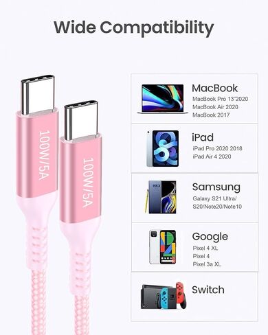 100W USB-C to USB-C Long Charging Cable 10FT 2Pack,Type-C Fast Charge Nylon Braided Cord for Apple-iPhone 15,Sam Sung Galaxy S22/S21,MacBook Pro,iPad Mini 6,iPad Air 5 4,Google Pixel 6,PS5 Controller in Kuwait