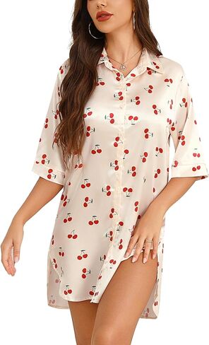 Anjue Satin Nightgown For Women 3/4 Sleeve Silk Nightshirt Button Down Pajamas Dress Boyfriend Sleepshirt in Saudi Arabia