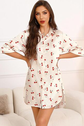 Anjue Satin Nightgown For Women 3/4 Sleeve Silk Nightshirt Button Down Pajamas Dress Boyfriend Sleepshirt in Saudi Arabia