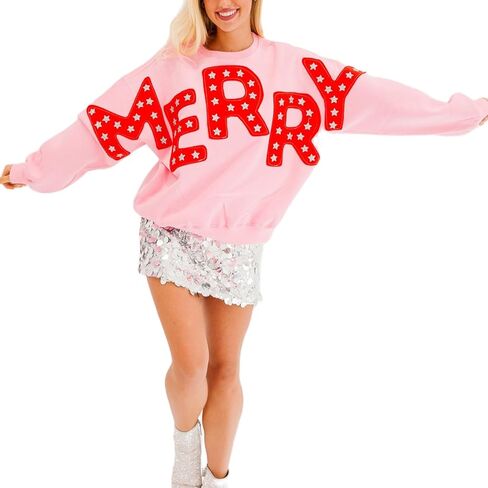 Women Sequin Christmas Sweatshirt Cute Graphic Sparkly Long Sleeve Crew Neck Pullover Y2k Oversized Xmas Top in Kuwait