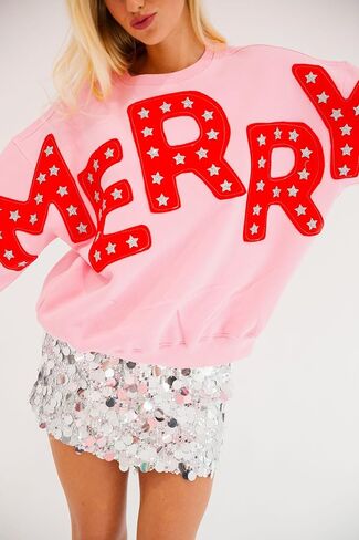 Women Sequin Christmas Sweatshirt Cute Graphic Sparkly Long Sleeve Crew Neck Pullover Y2k Oversized Xmas Top in Kuwait