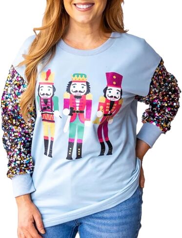 Women Sequin Christmas Sweatshirt Cute Graphic Sparkly Long Sleeve Crew Neck Pullover Y2k Oversized Xmas Top in Kuwait