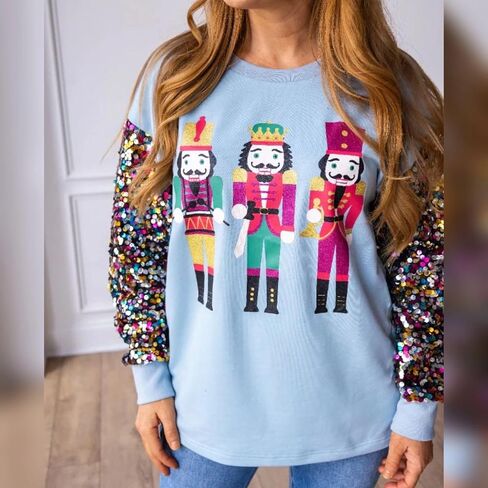 Women Sequin Christmas Sweatshirt Cute Graphic Sparkly Long Sleeve Crew Neck Pullover Y2k Oversized Xmas Top in Kuwait