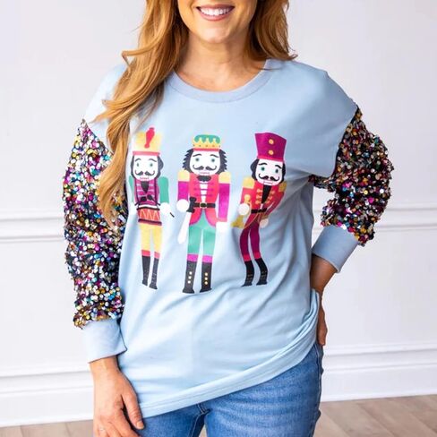 Women Sequin Christmas Sweatshirt Cute Graphic Sparkly Long Sleeve Crew Neck Pullover Y2k Oversized Xmas Top in Kuwait
