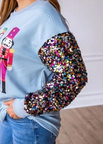 Women Sequin Christmas Sweatshirt Cute Graphic Sparkly Long Sleeve Crew Neck Pullover Y2k Oversized Xmas Top in Kuwait