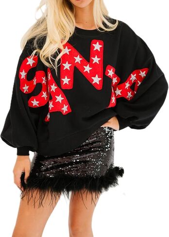 Women Sequin Christmas Sweatshirt Cute Graphic Sparkly Long Sleeve Crew Neck Pullover Y2k Oversized Xmas Top in Kuwait