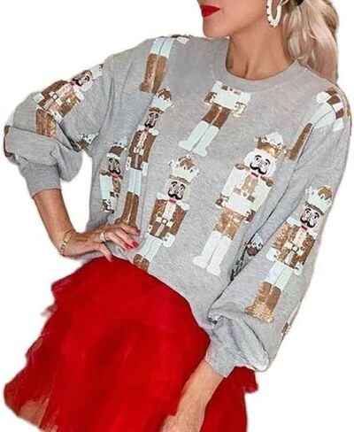 Women Sequin Christmas Sweatshirt Cute Graphic Sparkly Long Sleeve Crew Neck Pullover Y2k Oversized Xmas Top in Kuwait