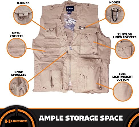Humvee Safari Photography Vest For Men, Women, Unisex - Vest for Hunting, Fishing, Camping, Travel, Hiking, Outdoor - 100% Cotton, Khaki, Large, Christmas Gift in Kuwait