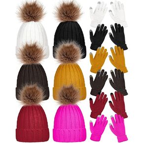 12 Pcs Women Winter Knitted Hat Touch Screen Gloves Set Lady Earmuffs Cap Skull Cap with Faux Fur Pom Touchscreen Gloves Winter Gloves for Women Girls