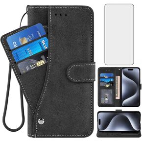 Asuwish Compatible with iPhone 15 Pro Max 6.7 inch Wallet Case and Tempered Glass Screen Protector Flip Card Holder Slot Cell Phone Cover for iPhone15promax 5G i Phone15Max Plus iPhone15 ProMax Blue