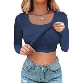 Chic Me Women's 2024 Fall Long Sleeve T Shirts with Built-in Shelf Bra Ribbed Knit Slim Fit Casual Basic Tops Blouse