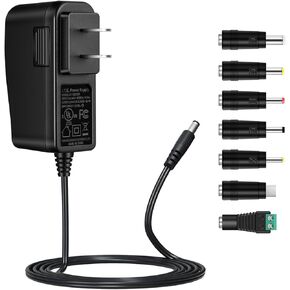 Security-01 12V 1A Power Supply with 7 Tips, AC 100-240V to DC 12V 1A Power Adapter for CCTV Camera,LED Strip Light, Router, BT Speaker and More,UL Listed