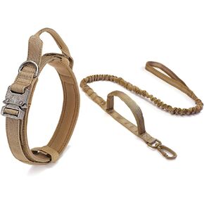 Tactical Dog Collar and Leash Set with Handle and Heavy Duty Metal Buckle for Medium Large Dogs, Adjustable Nylon Military Dog Collar with Handle for Dog Training(M Brown Set)
