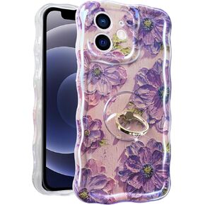 Miss Arts for iPhone 11 Case with Ring, Oil Painting Flower Colorful Retro Floral Cute Curly Wave Frame Women Girls Cover for Apple 11 (Green)