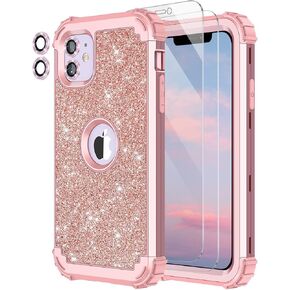 LONTECT for iPhone 11 Case Glitter Sparkly Bling 3 in 1 Shockproof Heavy Duty Full Body Sturdy Protective Case for Apple iPhone 11 with 2 Screen Protector+2 Camera Lens Protector,Shiny Rose Gold