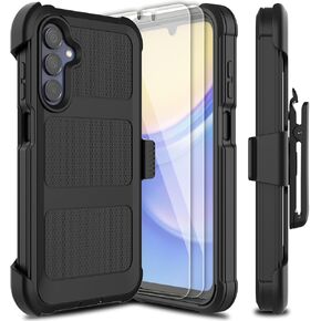 for Samsung Galaxy A15 5G Case with 2 Pack Tempered Glass Screen Protector, [Holster Series] Belt Clip Hard Tough Heavy Duty Rugged Shockproof Protective Cell Phone Cover (Black)