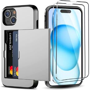 for iPhone 15 Wallet Case with Card Holder + 2 Tempered Glass Screen Protector Heavy Duty Protective Dual Layer Shockproof Hidden Card Slot Slim Case Women Men 6.1 inch (Deep Green)