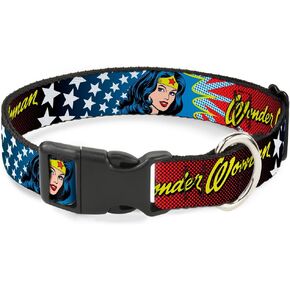 Buckle-Down Plastic Clip Collar - Wonder Woman Face w/Stars - 1" Wide - Fits 9-15" Neck - Small