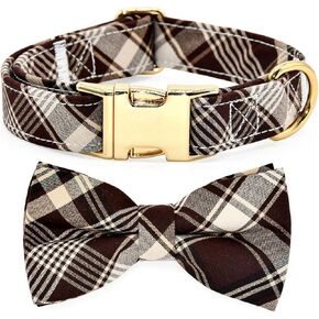 Dog Collar with Bow Tie Set, Vintage Dark Brown and Beige Check