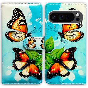 RFID Blocking,Case for Pixel 9 Pro XL,Elephant Family Butterfly Leather Flip Phone Case Wallet Cover with Card Slot Holder Kickstand for Google Pixel 9 Pro XL