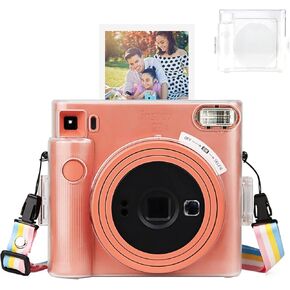 Square SQ1 Clear Case, Clear Protective Case Compatible with Fujifilm Instax Square SQ1 Instant Camera - Instax SQ1 Hard Cover with Rainbow Strap