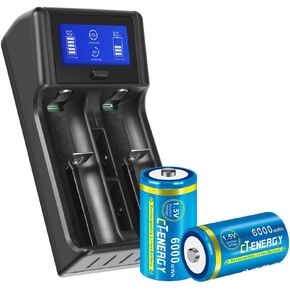 Lithium C Batteries Rechargeable 1.5V with C Flashlight Battery Charger 2 Pack
