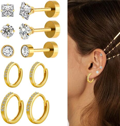 Flat Back Stud Earrings Hypoallergenic Surgical Steel Earrings for Sensitive Ears 14K Gold Flat Back Earrings for Women Men, Flatback Stud Hoop Cartilage Earring Set for Multiple Piercing in Saudi Arabia