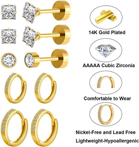 Flat Back Stud Earrings Hypoallergenic Surgical Steel Earrings for Sensitive Ears 14K Gold Flat Back Earrings for Women Men, Flatback Stud Hoop Cartilage Earring Set for Multiple Piercing in Saudi Arabia