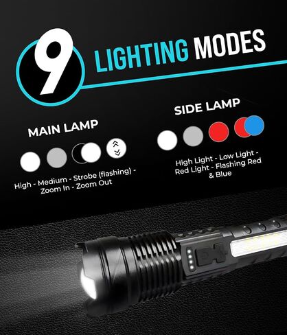 مصباح يدوي LED لومن عالي، قابل للتكبير ومقاوم للماء، 5 أوضاع، مصباح يدوي تكتيكي عالي الطاقة لمعدات التخييم، المشي لمسافات طويلة، الطوارئ، مصابيح يدوية قابلة لإعادة الشحن، مصابيح LED خارجية in Saudi Arabia