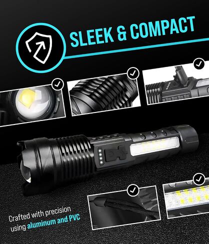 مصباح يدوي LED لومن عالي، قابل للتكبير ومقاوم للماء، 5 أوضاع، مصباح يدوي تكتيكي عالي الطاقة لمعدات التخييم، المشي لمسافات طويلة، الطوارئ، مصابيح يدوية قابلة لإعادة الشحن، مصابيح LED خارجية in Saudi Arabia
