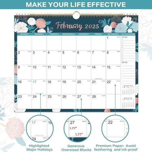 2025-2026 Calendar - 2025-2026 Wall Calendar, July 2025 - December 2026, 17'' x 12'', 12 Monthly Wall Calendar 2025-2026 with Julian Dates - Engraved Floral in Saudi Arabia