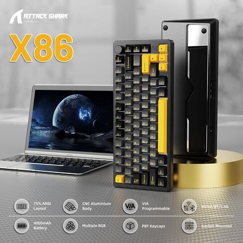 FELICON x Attack Shark X86 75% Aluminum CNC Wireless Mechanical Gaming Keyboard with Volume Knob,82 Key Gasket Hot Swappable RGB Custom Keyboard with 5-Layer Padding, BT/2.4GHz/USB-C-Milk White in Saudi Arabia