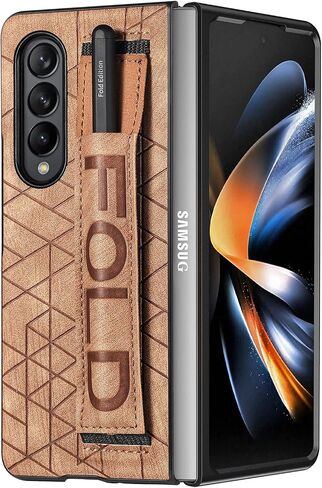 Omio Designed for Samsung Galaxy Z Fold 4 Leather Case with S Pen Holder & Strap, Wrist Strap Leather Back Cover Case Hard PC Shockproof Finger Grip Case for Galaxy Z Fold 4 Men Women Girls, Blue in Kuwait