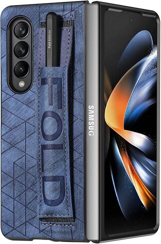 Omio Designed for Samsung Galaxy Z Fold 4 Leather Case with S Pen Holder & Strap, Wrist Strap Leather Back Cover Case Hard PC Shockproof Finger Grip Case for Galaxy Z Fold 4 Men Women Girls, Blue in Kuwait