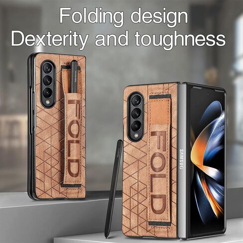 Omio Designed for Samsung Galaxy Z Fold 4 Leather Case with S Pen Holder & Strap, Wrist Strap Leather Back Cover Case Hard PC Shockproof Finger Grip Case for Galaxy Z Fold 4 Men Women Girls, Blue in Kuwait