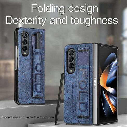 Omio Designed for Samsung Galaxy Z Fold 4 Leather Case with S Pen Holder & Strap, Wrist Strap Leather Back Cover Case Hard PC Shockproof Finger Grip Case for Galaxy Z Fold 4 Men Women Girls, Blue in Kuwait