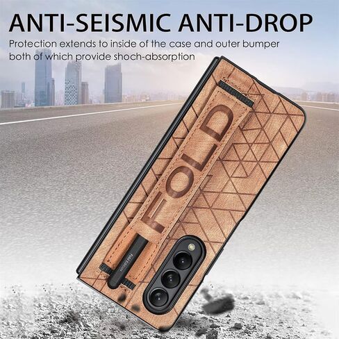 Omio Designed for Samsung Galaxy Z Fold 4 Leather Case with S Pen Holder & Strap, Wrist Strap Leather Back Cover Case Hard PC Shockproof Finger Grip Case for Galaxy Z Fold 4 Men Women Girls, Blue in Kuwait