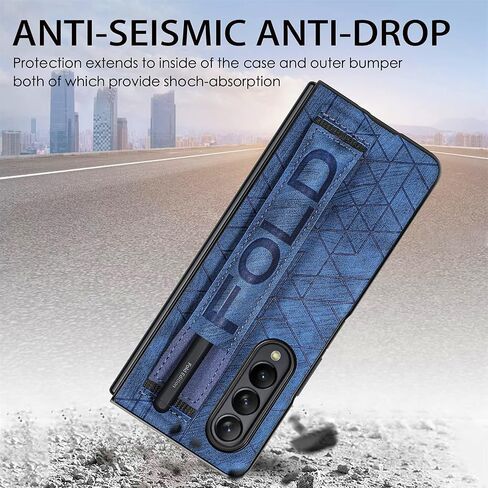 Omio Designed for Samsung Galaxy Z Fold 4 Leather Case with S Pen Holder & Strap, Wrist Strap Leather Back Cover Case Hard PC Shockproof Finger Grip Case for Galaxy Z Fold 4 Men Women Girls, Blue in Kuwait