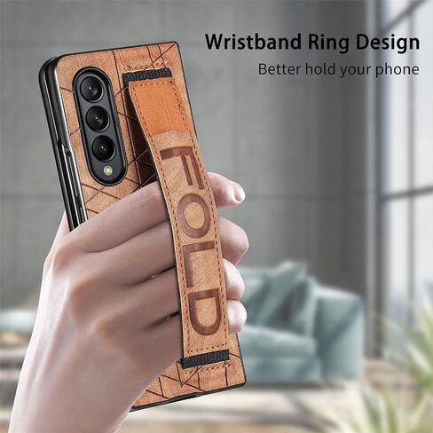 Omio Designed for Samsung Galaxy Z Fold 4 Leather Case with S Pen Holder & Strap, Wrist Strap Leather Back Cover Case Hard PC Shockproof Finger Grip Case for Galaxy Z Fold 4 Men Women Girls, Blue in Kuwait