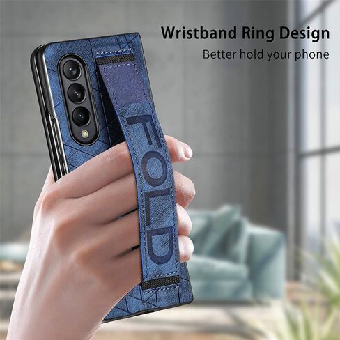 Omio Designed for Samsung Galaxy Z Fold 4 Leather Case with S Pen Holder & Strap, Wrist Strap Leather Back Cover Case Hard PC Shockproof Finger Grip Case for Galaxy Z Fold 4 Men Women Girls, Blue in Kuwait