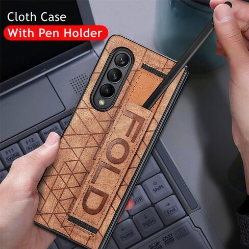 Omio Designed for Samsung Galaxy Z Fold 4 Leather Case with S Pen Holder & Strap, Wrist Strap Leather Back Cover Case Hard PC Shockproof Finger Grip Case for Galaxy Z Fold 4 Men Women Girls, Blue in Kuwait