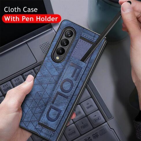 Omio Designed for Samsung Galaxy Z Fold 4 Leather Case with S Pen Holder & Strap, Wrist Strap Leather Back Cover Case Hard PC Shockproof Finger Grip Case for Galaxy Z Fold 4 Men Women Girls, Blue in Kuwait